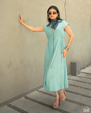 Aqua Mist – Mul Chanderi Embroidered Dress