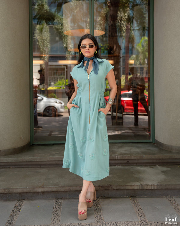 Aqua Mist – Mul Chanderi Embroidered Dress