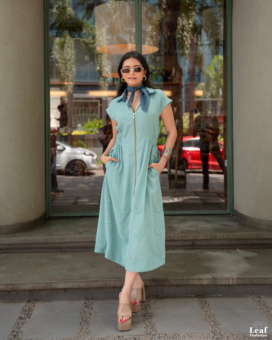 Aqua Mist – Mul Chanderi Embroidered Dress