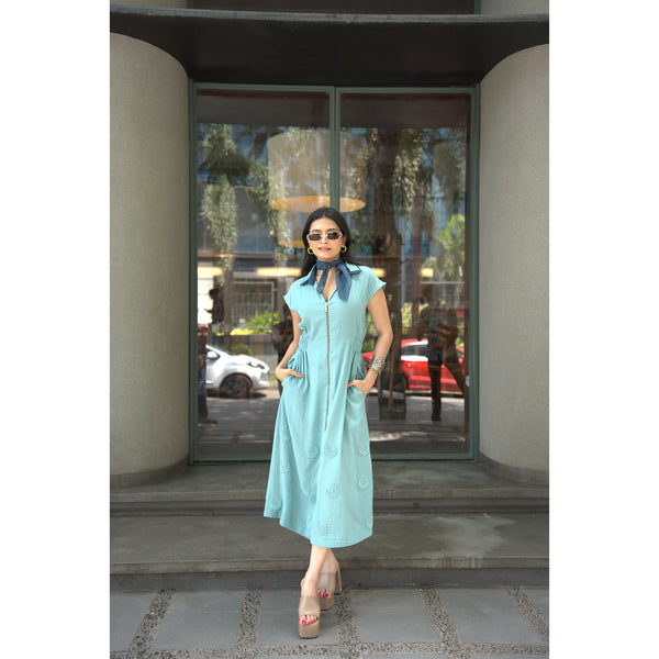 Aqua Mist – Pure Mul Chanderi Embroidered Dress