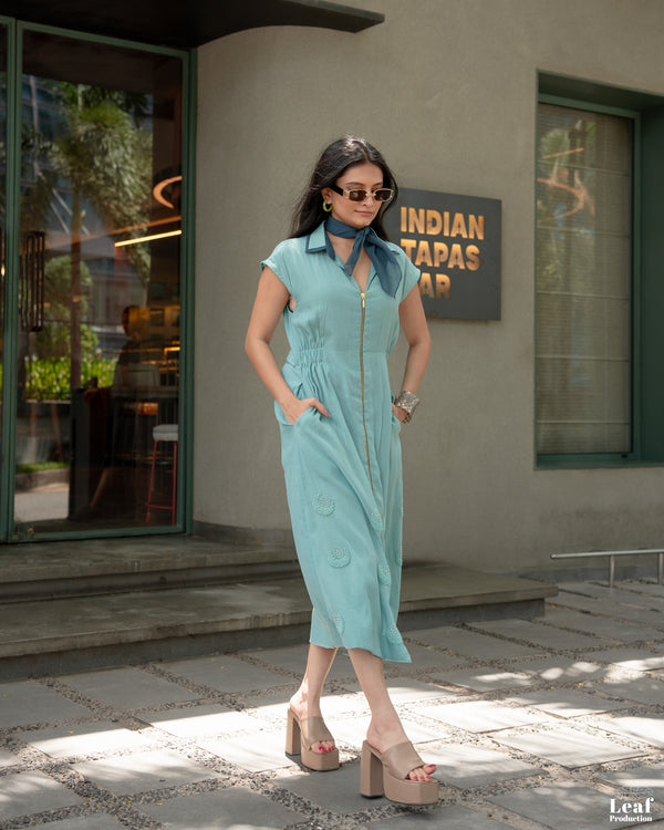 Aqua Mist – Mul Chanderi Embroidered Dress