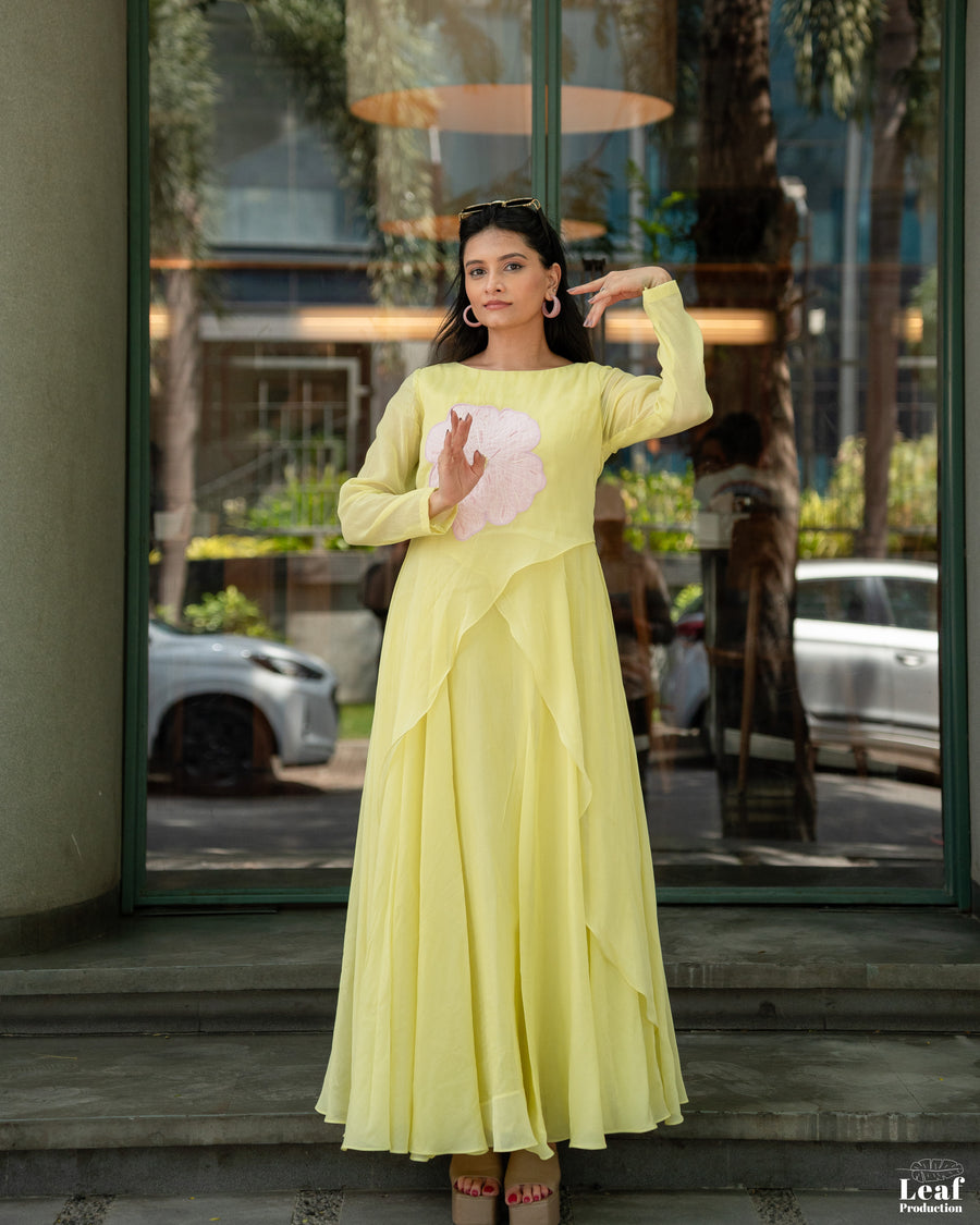Lemon Blossom – Mul Chanderi Frill Dress