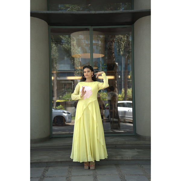 Lemon Blossom – Pure Mul Chanderi Frill Dress