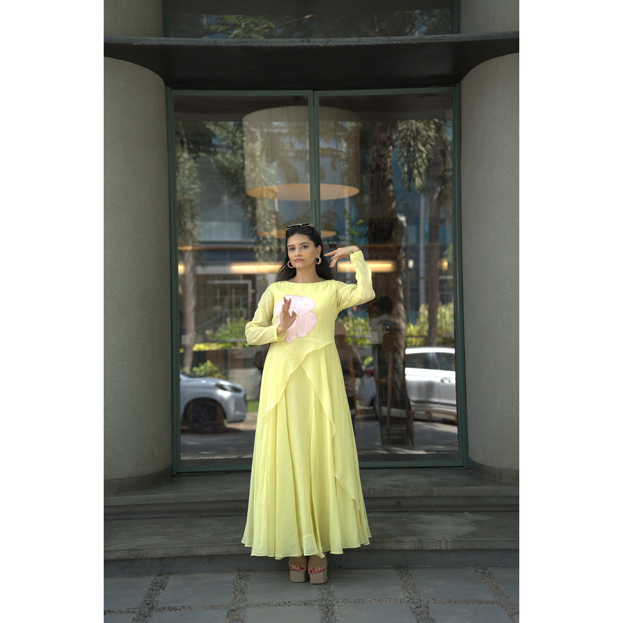 Lemon Blossom – Pure Mul Chanderi Frill Dress