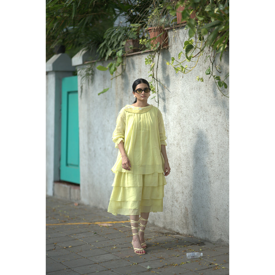 Citrine Glow – Pure Mul Chanderi Tiered Dress