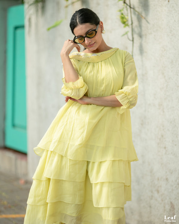 Citrine Glow – Mul Chanderi Tiered Dress