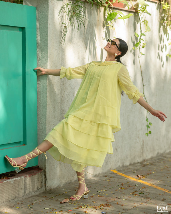 Citrine Glow – Mul Chanderi Tiered Dress
