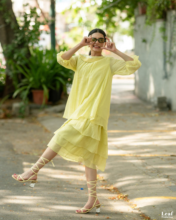 Citrine Glow – Mul Chanderi Tiered Dress