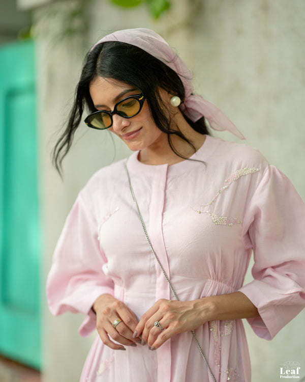 Blush Whisper – Mul Chanderi Embroidered Dress