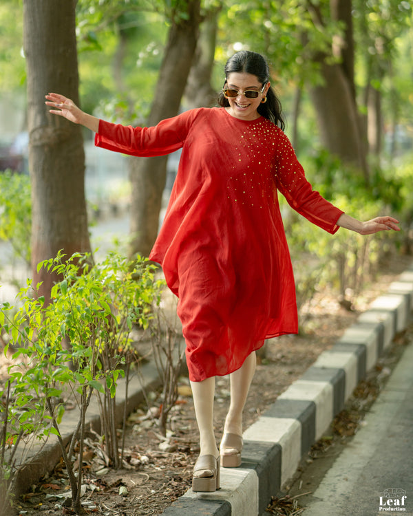 Rust Ember – Mul Chanderi Cowl Dress