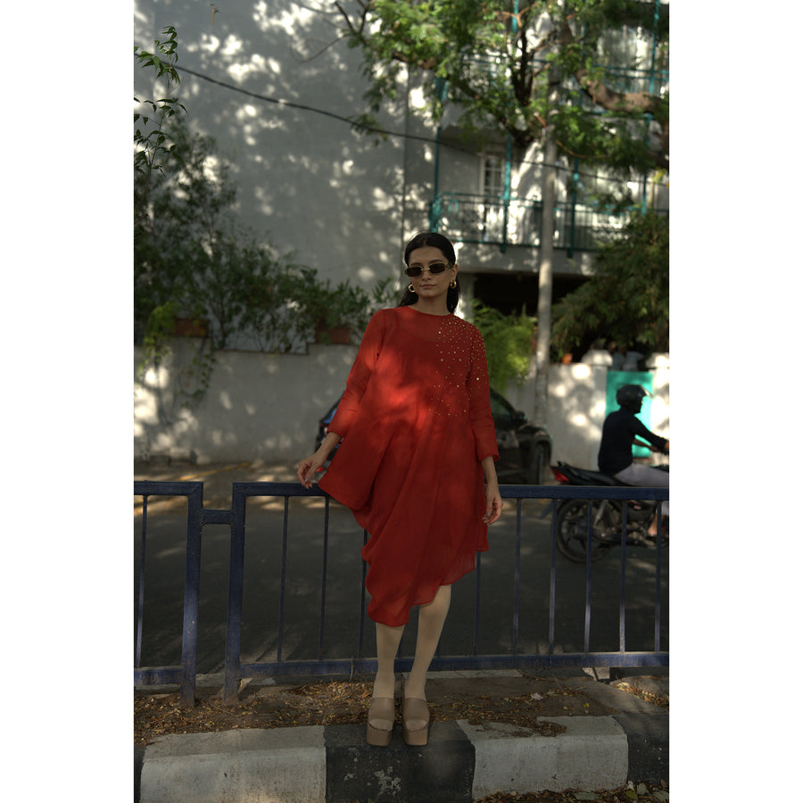 Rust Ember – Pure Mul Chanderi Cowl Dress