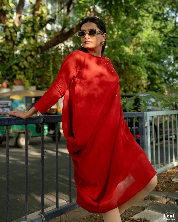 Rust Ember – Mul Chanderi Cowl Dress