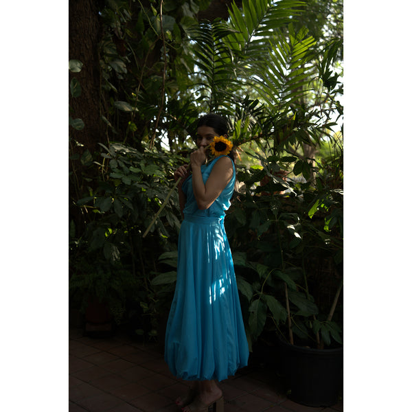 Azure Drift Balloon Skirt & Top Set - Pure Mul Chanderi