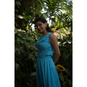 Azure Drift Balloon Skirt & Top Set - Pure Mul Chanderi