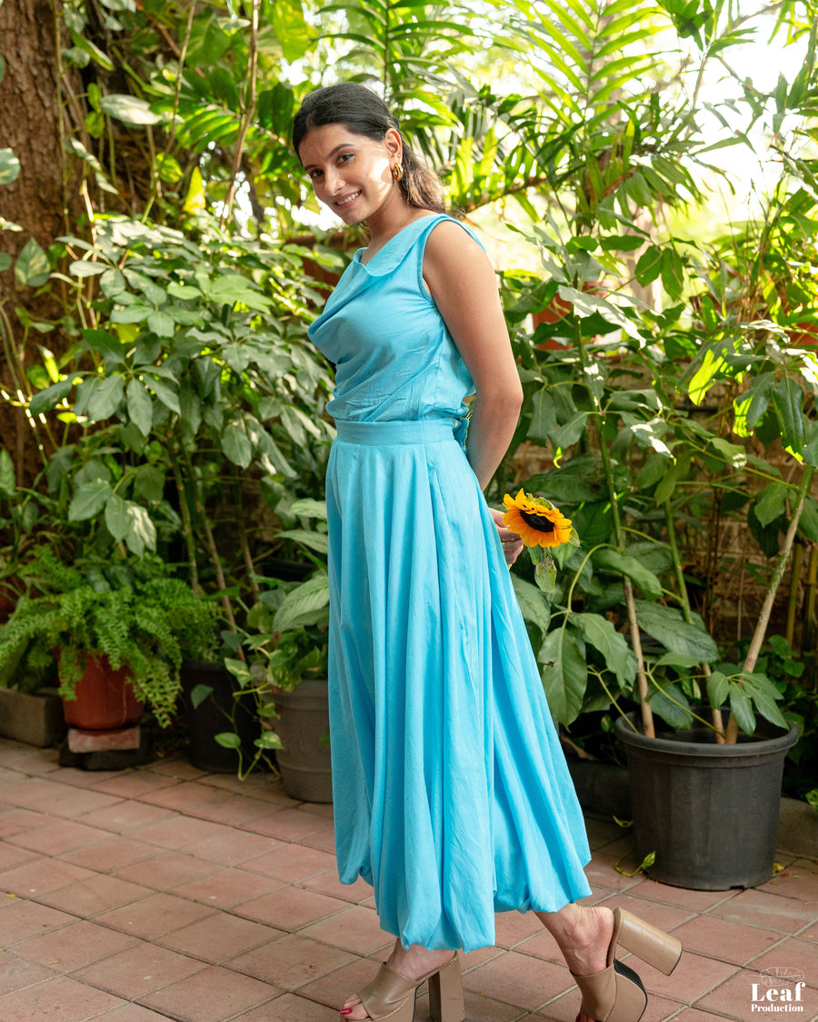 Azure Drift – Mul Chanderi Balloon Skirt & Top Set