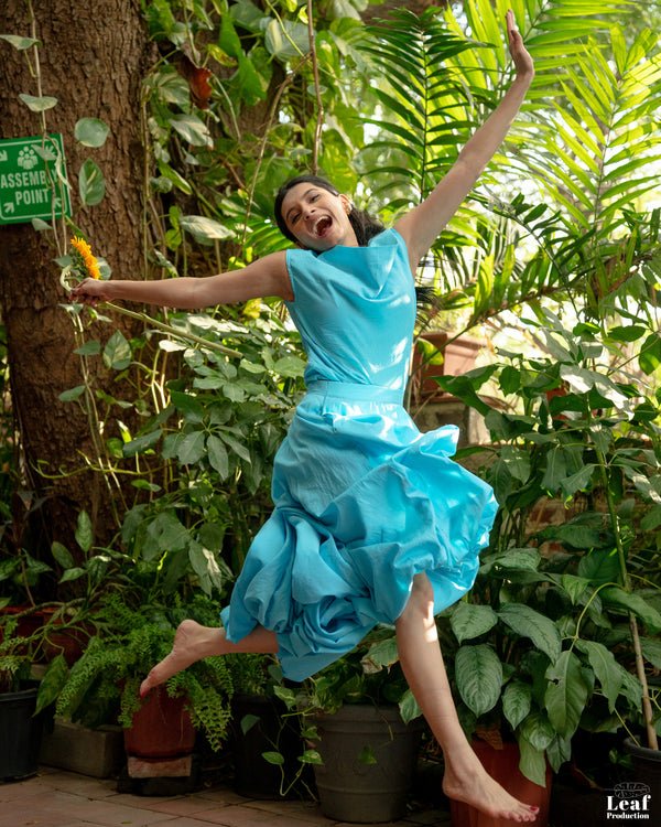 Azure Drift – Mul Chanderi Balloon Skirt & Top Set