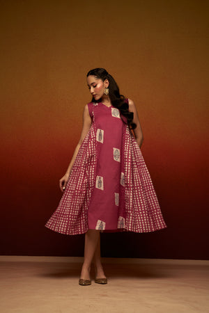 Women’s Sleeveless A-Line Midi Dress with Block Printed Panels – Flared Casual Ethnic Dress