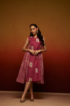 Women’s Sleeveless A-Line Midi Dress with Block Printed Panels – Flared Casual Ethnic Dress