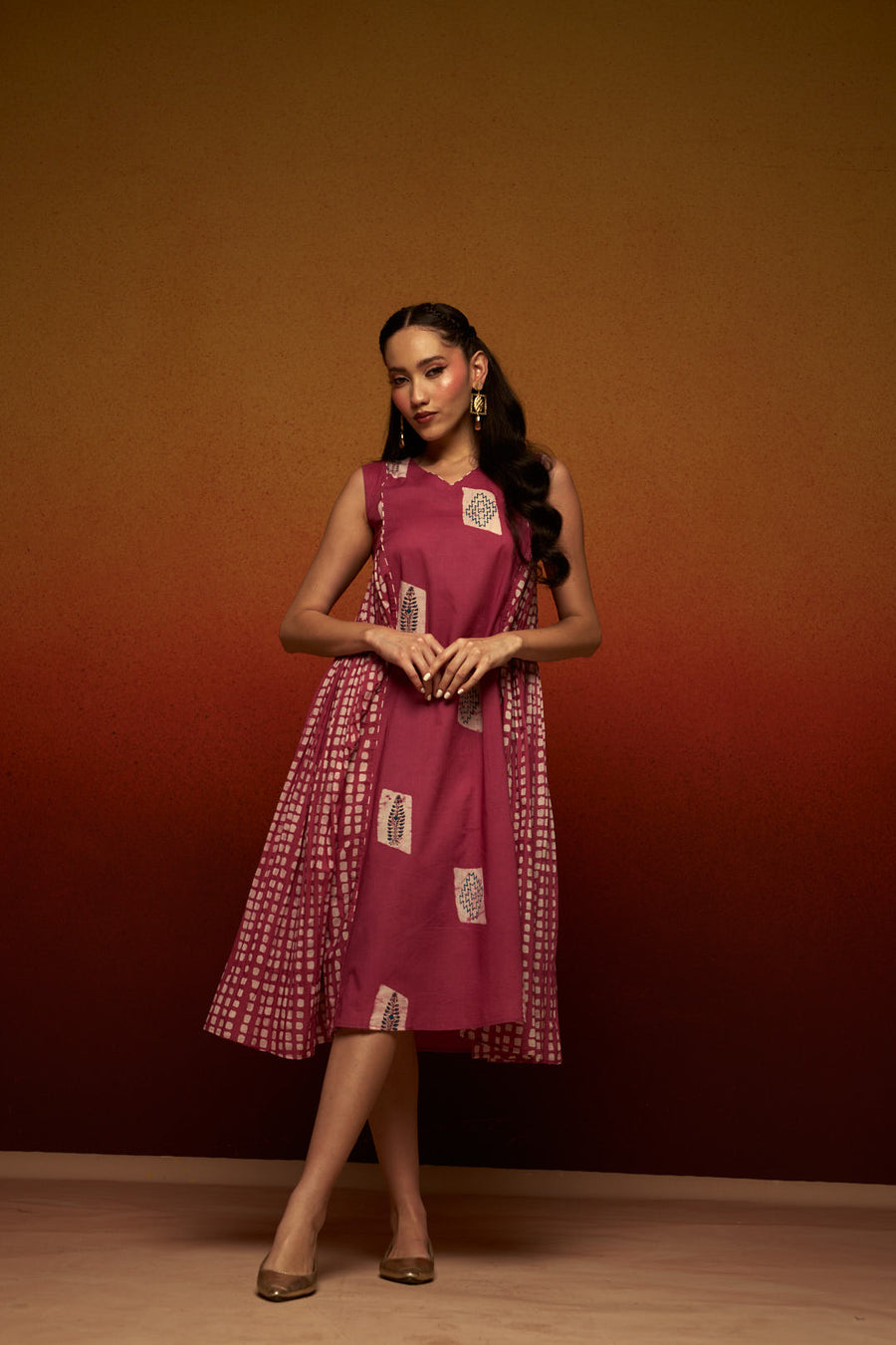 Women’s Sleeveless A-Line Midi Dress with Block Printed Panels – Flared Casual Ethnic Dress