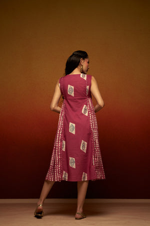 Women’s Sleeveless A-Line Midi Dress with Block Printed Panels – Flared Casual Ethnic Dress