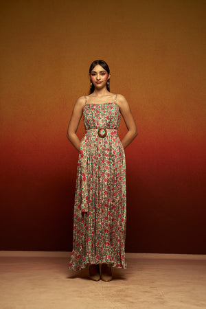 Women’s Natural Crepe Printed Midi Dress with Belt – Sleeveless Pleated Long Midi