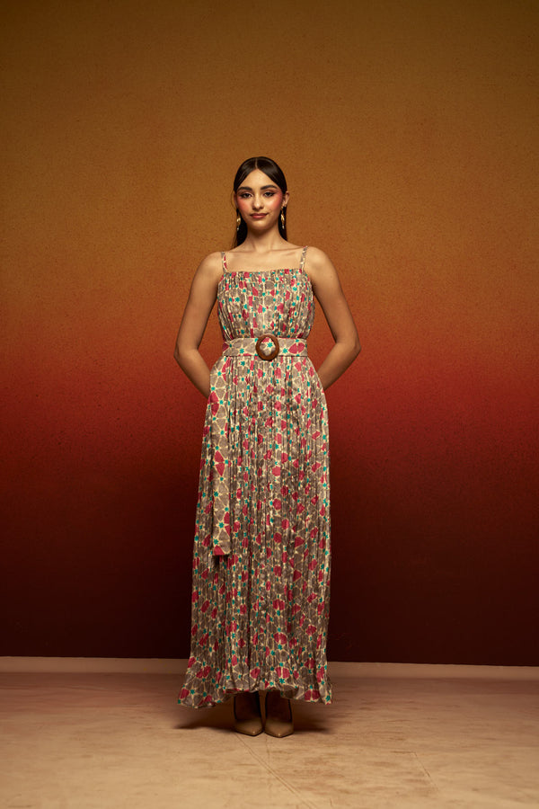 Women’s Natural Crepe Printed Midi Dress with Belt – Sleeveless Pleated Long Midi