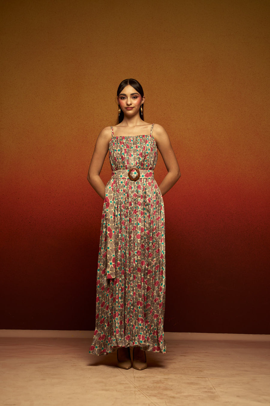 Women’s Natural Crepe Printed Midi Dress with Belt – Sleeveless Pleated Long Midi