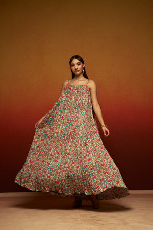 Women’s Natural Crepe Printed Midi Dress with Belt – Sleeveless Pleated Long Midi